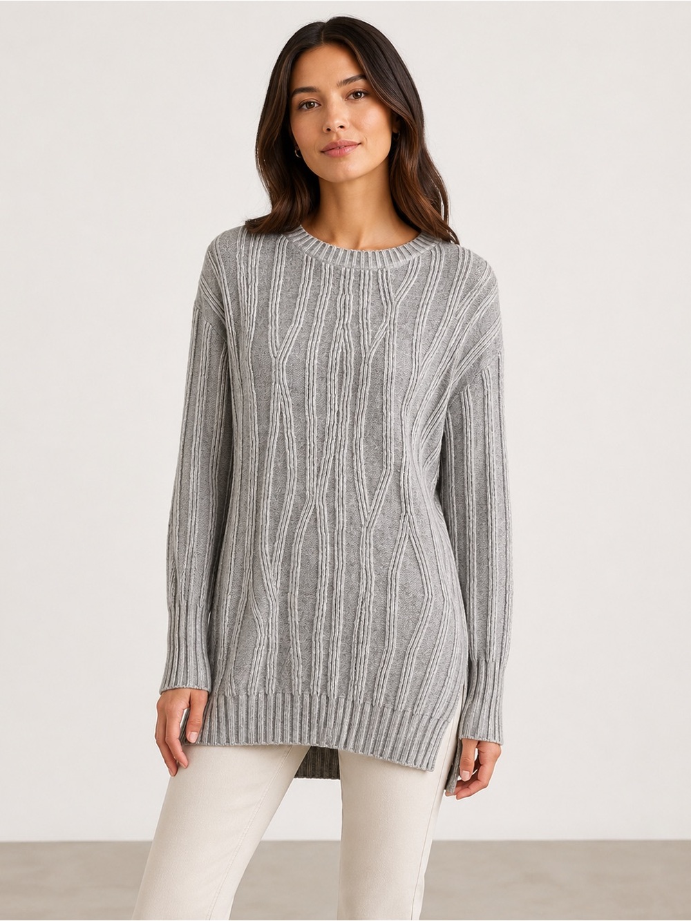 Vince XS Gray Wool Cashmere Blend Ribbed Cable Knit Tunic Sweater Side Slits